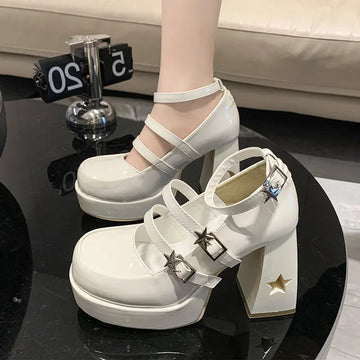 Xajzpa Chunky Platform High Heels Pumps Women Spring Punk Thick Heel Mary Jane Lolita Shoes Woman Patent Leather Cosplay Shoes